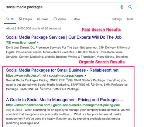 Organic search results .